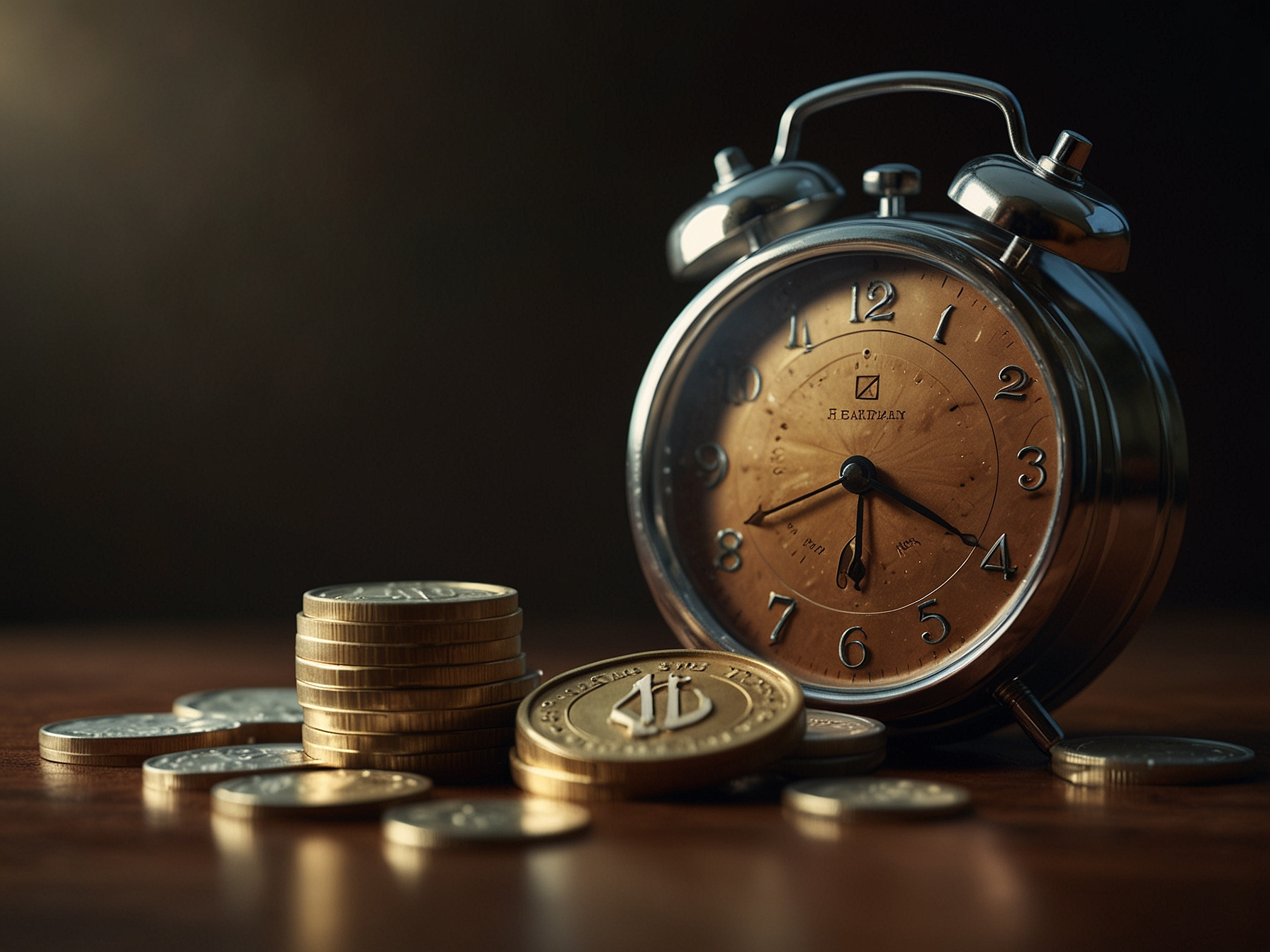 Reloj y símbolos de monedas representando tiempos de procesamiento