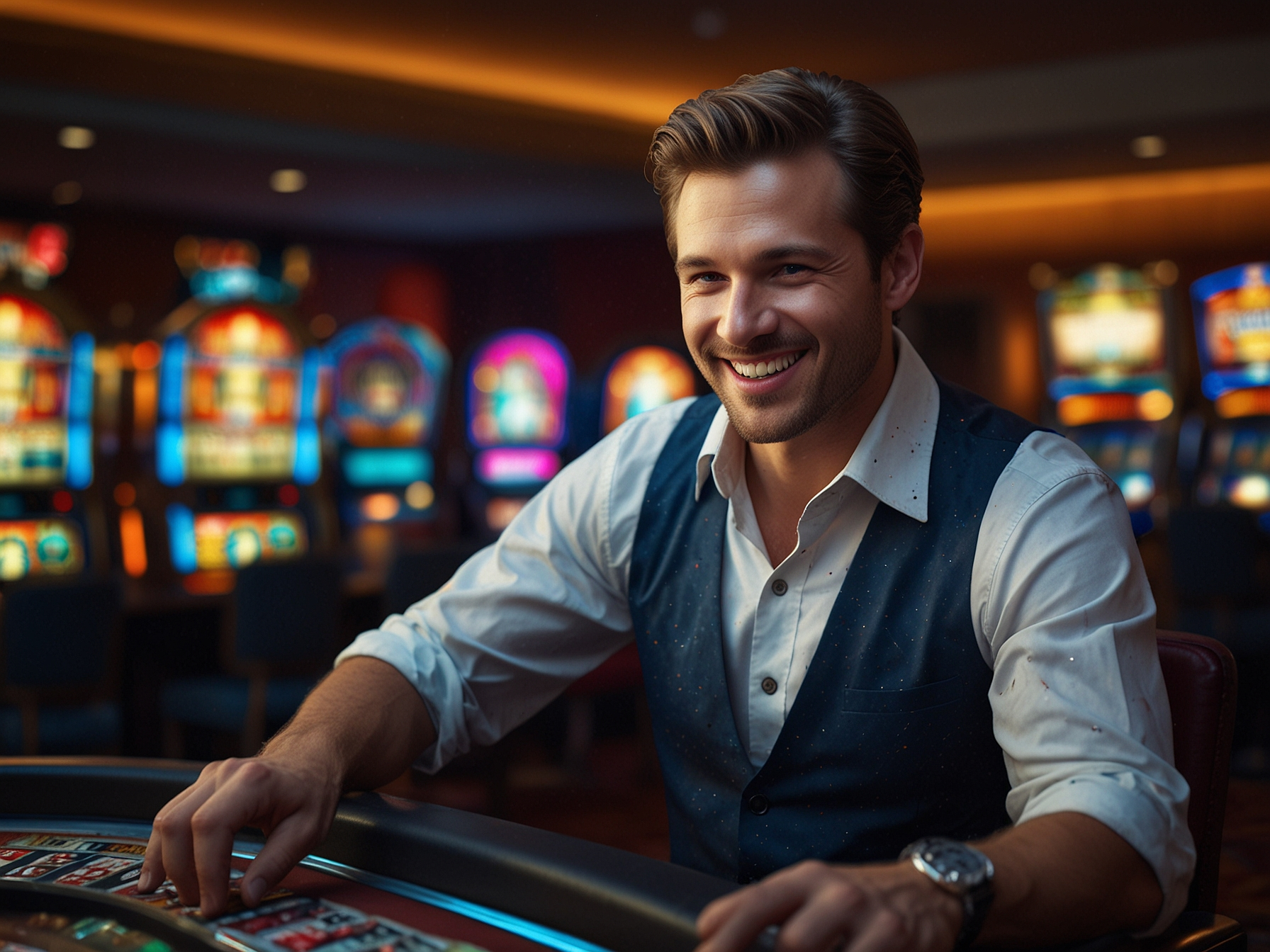 Jugador celebrando con tragamonedas número 7